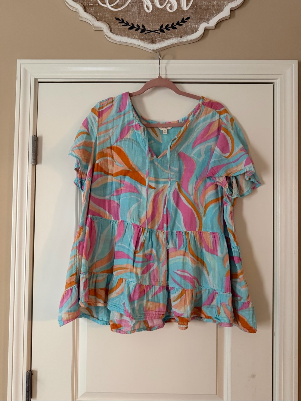 Terra and Sky Multicolor Tiered Peasant Tunic - Pink & Orange Swirl